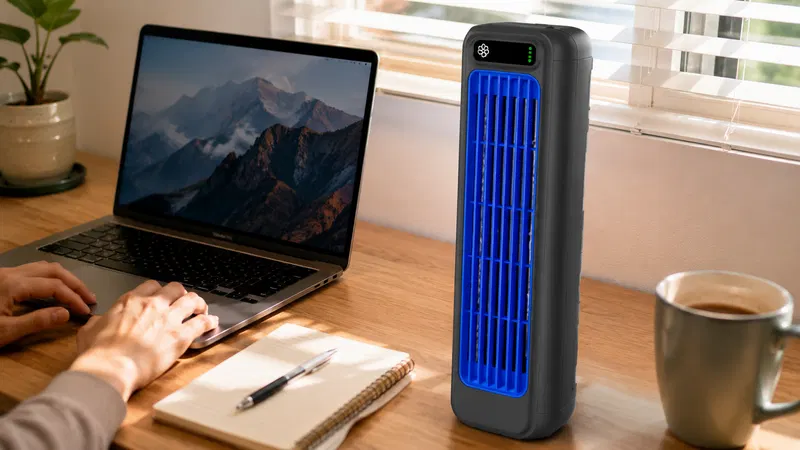 Gros plan d'un rafraîchisseur d'air blanc compact avec des boutons de commande numériques.